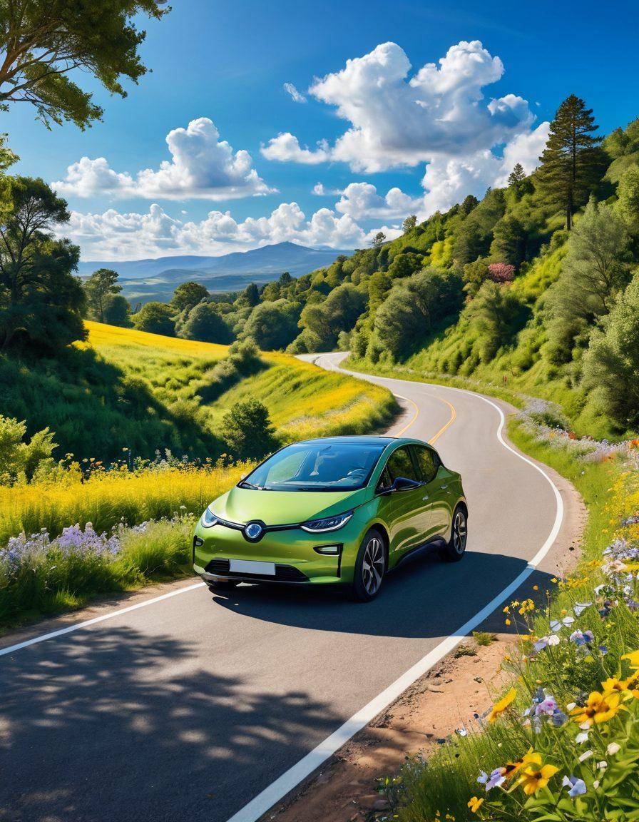 A scenic road winding through a lush green landscape, dotted with wildflowers and trees basking under a bright blue sky. A cheerful electric car drives along, with a happy family inside, laughing and enjoying the ride. Sunlight reflects on the car, symbolizing sustainability and joy. Incorporate elements like eco-friendly symbols in the clouds and vibrant colors to evoke positivity. super-realistic. vibrant colors. sunny atmosphere.