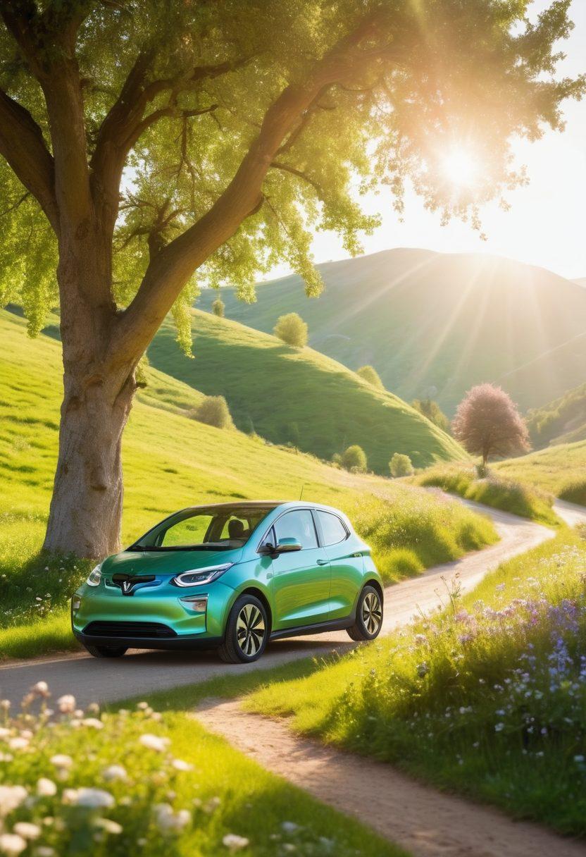 A serene landscape featuring a vibrant green rolling hill with an eco-friendly electric car parked under a blossoming tree. Bright rays of sunshine cascade over the scene, illuminating a group of joyful friends hiking nearby, surrounded by wildflowers and butterflies. The atmosphere is filled with a sense of adventure and sustainability. soft focus. vibrant colors. nature-inspired.