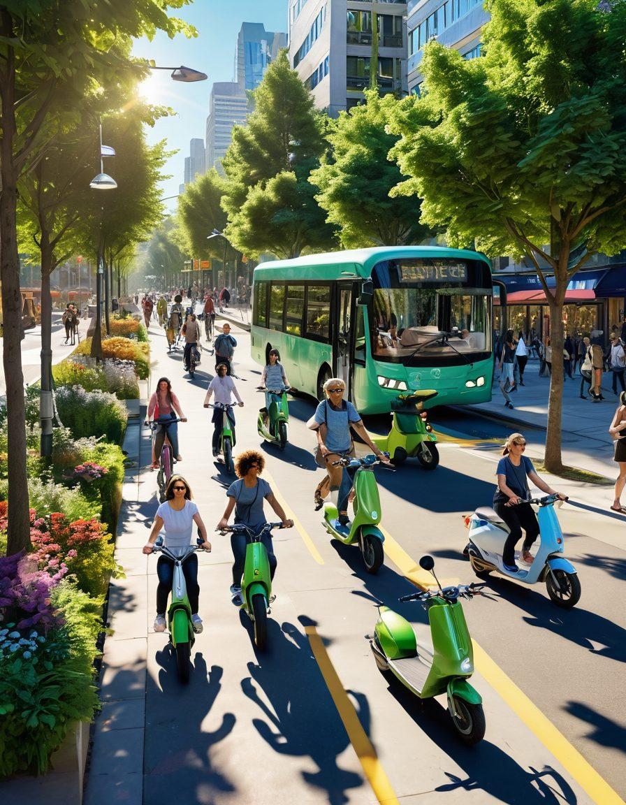 A vibrant cityscape showing diverse green transportation options like electric scooters, bicycles, and buses with greenery incorporating urban elements; people of various ages joyfully commuting, surrounded by trees and flowering plants, bright sun shining down. super-realistic. vibrant colors. 3D.